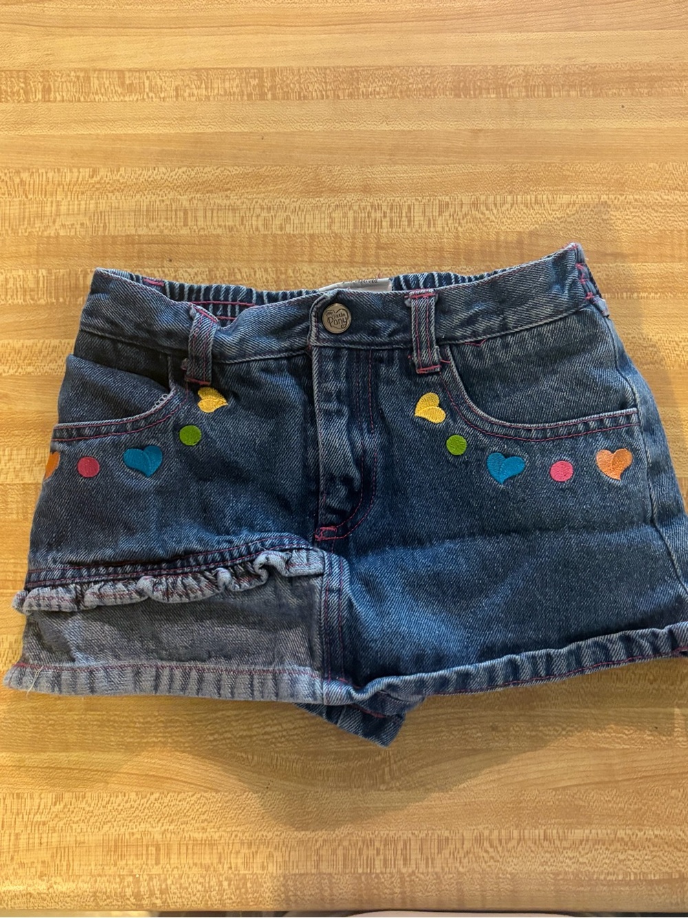 Vintage Y2K My Little Poby Denim Shorts with Colorful Heart Appliqués